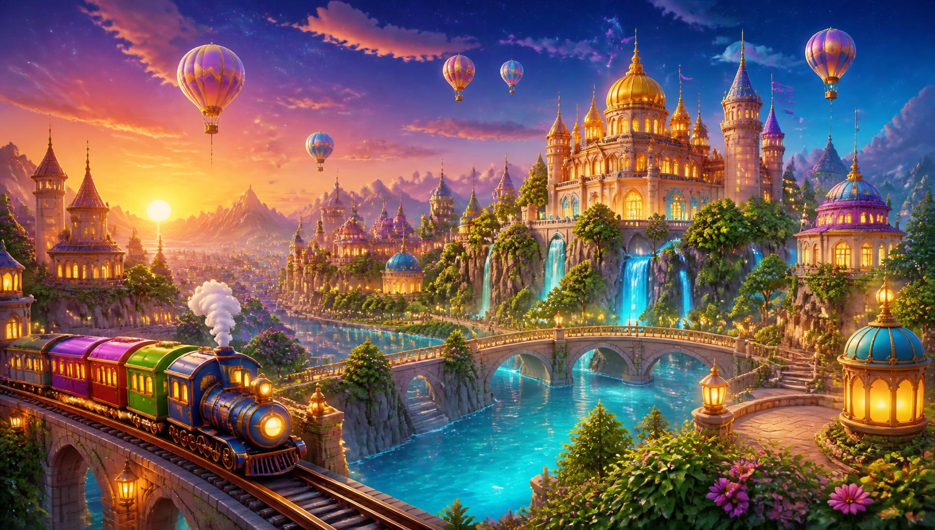 Cité magique avec palais dorés et petit train coloré